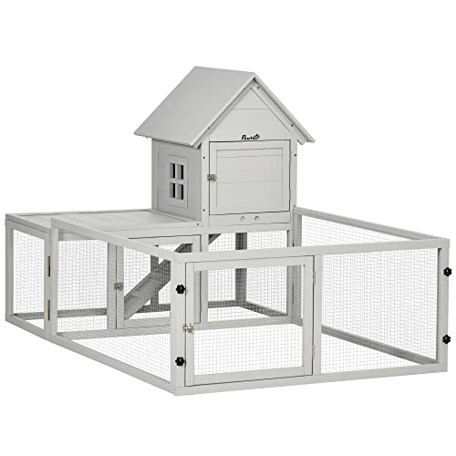 PawHut Wooden Rabbit Hutch with Run Large Guinea Pig Cage, Small Animal House for Indoor with Tray, 151.5 x 106 x 97cm, Light Grey