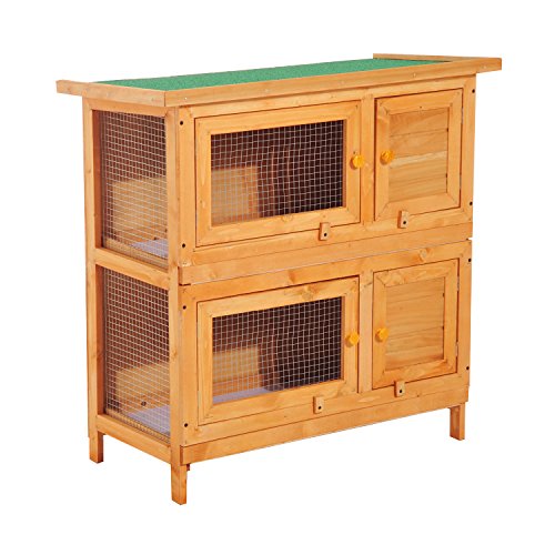 PawHut 2-Tier Double Decker Wooden Rabbit Hutch Pet Cage Guinea Pig Hutch with Sliding Tray Opening Top