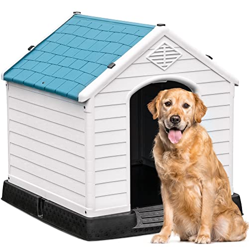 YITAHOME Large Plastic Dog House Outdoor Indoor Insulated Doghouse Puppy Shelter Water Resistant Easy Assembly Sturdy Dog Kennel with Air Vents and Elevated Floor, Blue