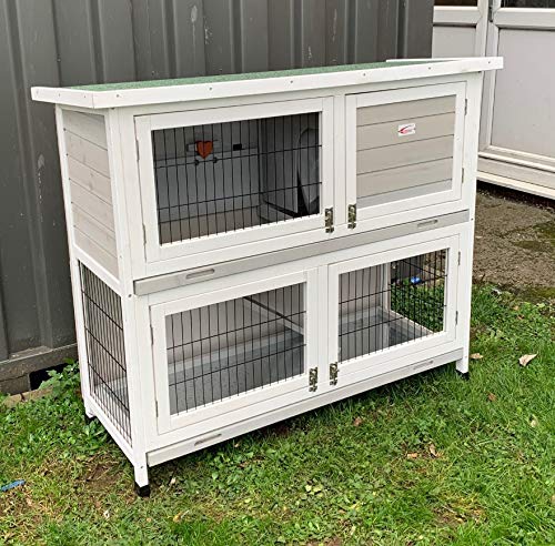 BUNNY BUSINESS 2-Tier Double Decker Rabbit/Guinea Pig Hutch Hutches with Sliding Trays & Ramp (MED 41" HUTCH), GREY AND WHITE